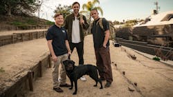 (Left to right) Navy Captain Jon, with Labrador Winston; &apos;Dog&apos; Co-Director Reid Carolin; and &apos;Dog&apos; Co-Director and Actor Channing Tatum.