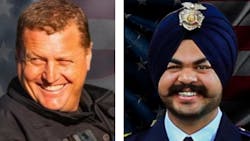 Elk Grove, CA, Police Officer Tyler Lenehan (left) and Galt Police Officer Harminder Grewal. Elk Grove, CA, Police Officer Tyler Lenehan (left) and Galt Police Officer Harminder Grewal.