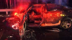 A bystander pulled Marion, NC, Police Officer Breanna Toney from her burning patrol car after she was in a head-on collision with a pickup truck in Mitchell County on Monday. A bystander pulled Marion, NC, Police Officer Breanna Toney from her burning patrol car after she was in a head-on collision with a pickup truck in Mitchell County on Monday.