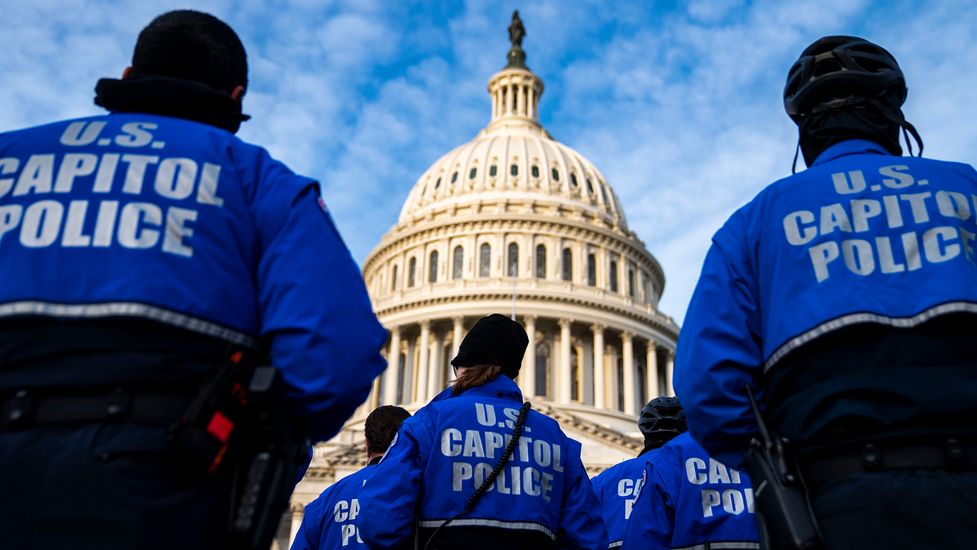 U.S. Capitol Police officers on the East Front Plaza after a morning roll call on Capitol Hill on Thursday, Jan. 6, 2022, in Washington, D.C.