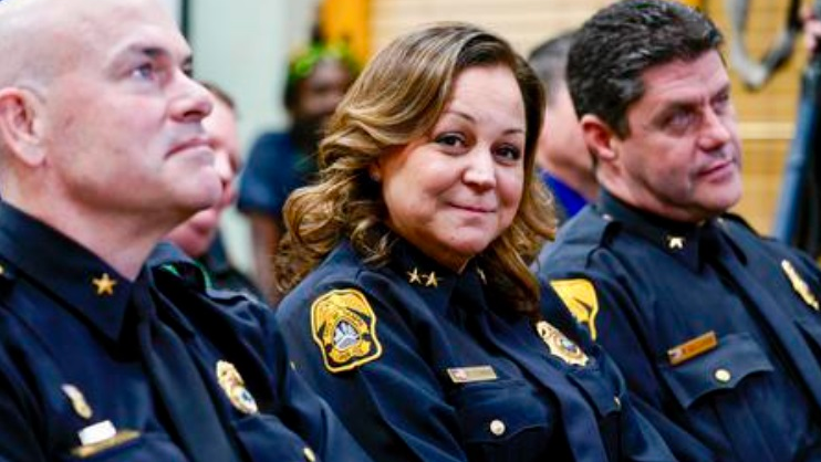 Mary O'Connor (center) listens from the front row of the audience to comments about her nomination as Tampa chief of police. She is flanked by assistant chiefs Lee Bercaw (left) and Ruben 'Butch' Delgado, who served earlier as interim chief and was a candidate for the permanent job.