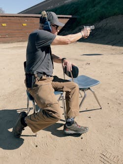 With the trunk still slightly twisted, the shooter tends to have a canted gun. The feet are braced in the interior of the vehicle. The goal here is to get out of the vehicle. With the trunk still slightly twisted, the shooter tends to have a canted gun. The feet are braced in the interior of the vehicle. The goal here is to get out of the vehicle.