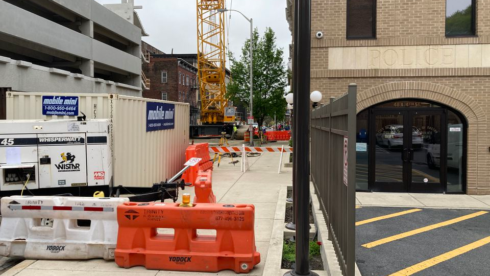 A vehicle crashed the night of April 25, 2022 , into a barricade on the first block of North Fourth Street in Easton before crashing again in the nearby police station parking lot, authorities say. This is what it looked like the next morning.