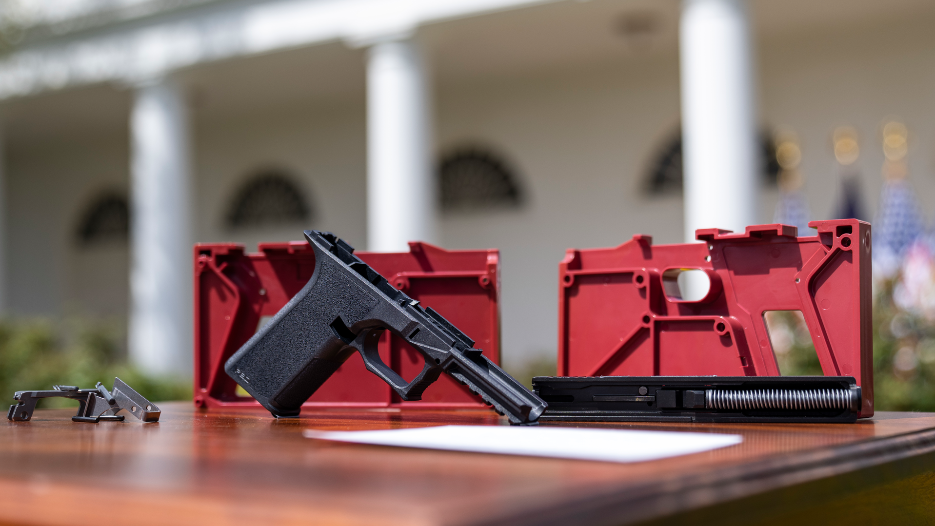 A ghost gun is displayed before the start of an event about gun violence in the Rose Garden of the White House in Washington, D.C., on April 11.