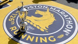 The Boston Marathon trophy sits at the finish line Sunday. The Boston Marathon trophy sits at the finish line Sunday.
