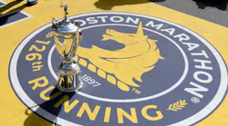 The Boston Marathon trophy sits at the race's finish line Sunday.