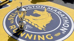 The Boston Marathon trophy sits at the race's finish line Sunday. The Boston Marathon trophy sits at the race's finish line Sunday.