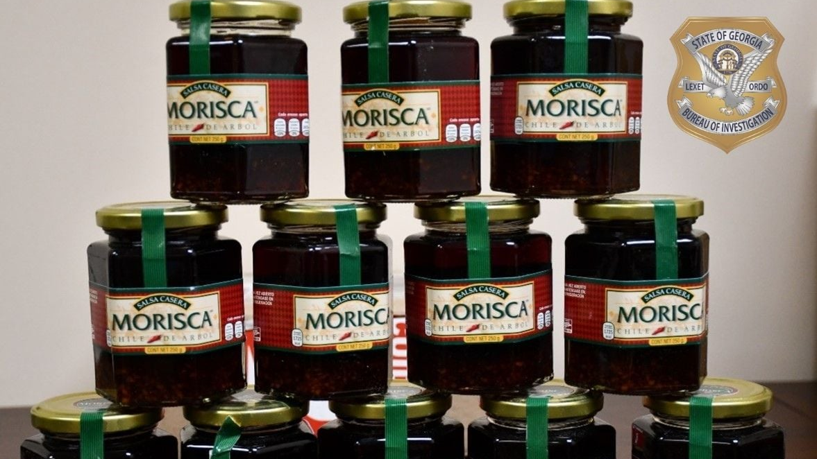 Georgia authorities found nearly 8 gallons of liquid methamphetamine hidden in over 100 jars of 'salsa' at a Homerville home last week.