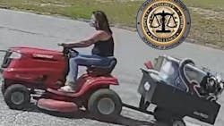 Flomaton, AL, police are searching for a woman who is accused of using a riding lawnmower to take off with a trailer of stolen items. Flomaton, AL, police are searching for a woman who is accused of using a riding lawnmower to take off with a trailer of stolen items.