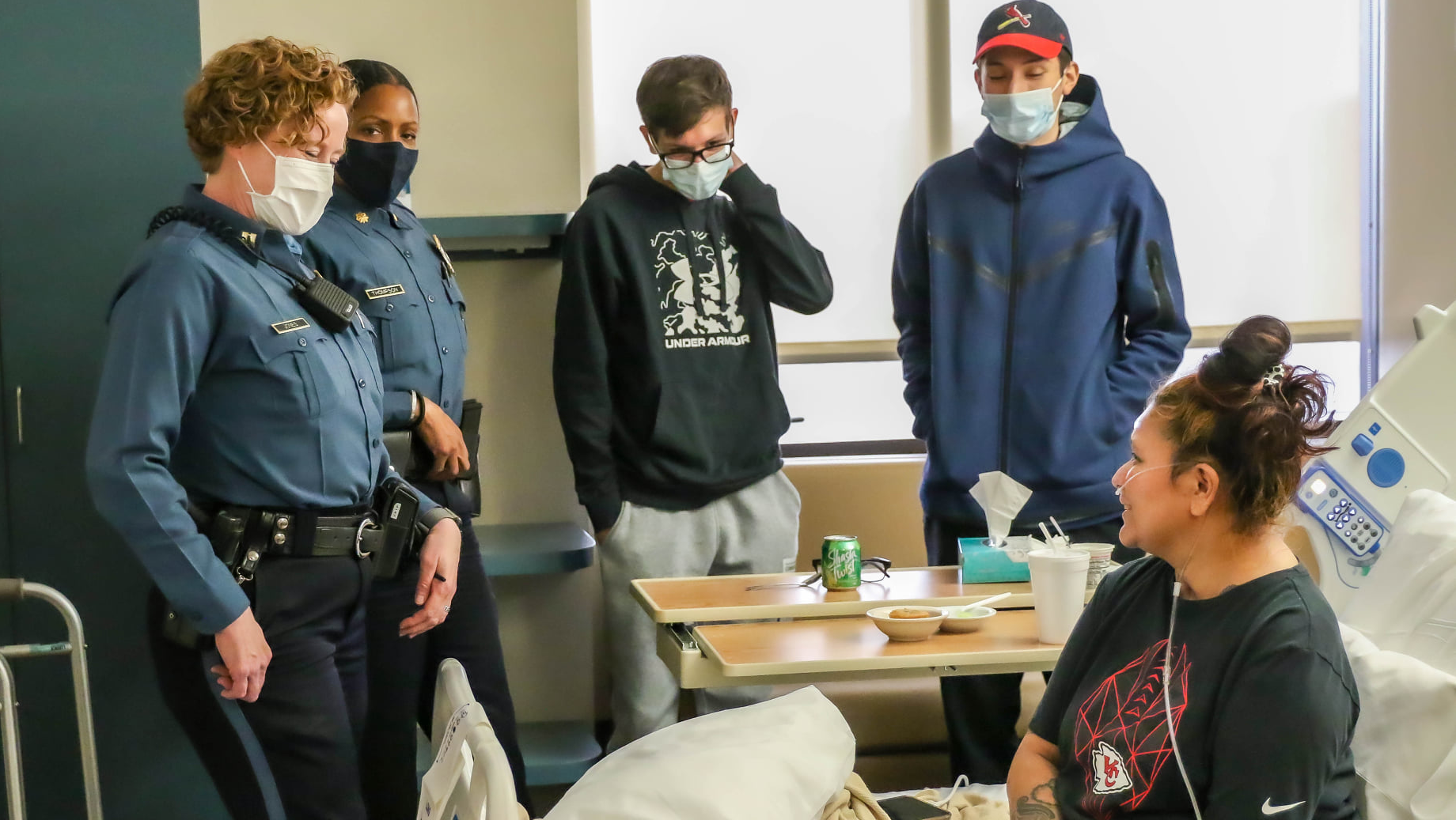 Kansas City, MO, Police Officer Lisa Sidenstick gets ready to leave the North Kansas City Hospital, where she was in a medically induced coma for nearly a month while battling COVID-19.