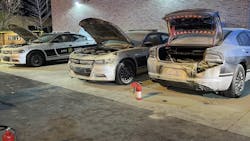 Four North Carolina State Highway Patrol cruisers were set on fire outside a Statesville 7-Eleven on Monday. Four North Carolina State Highway Patrol cruisers were set on fire outside a Statesville 7-Eleven on Monday.