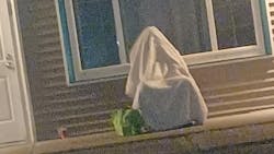 A man tried to elude Belfast, ME, police by doing his best imitation of a ghost and hiding under a blanket covering a chair in front of a hotel Sunday. A man tried to elude Belfast, ME, police by doing his best imitation of a ghost and hiding under a blanket covering a chair in front of a hotel Sunday.