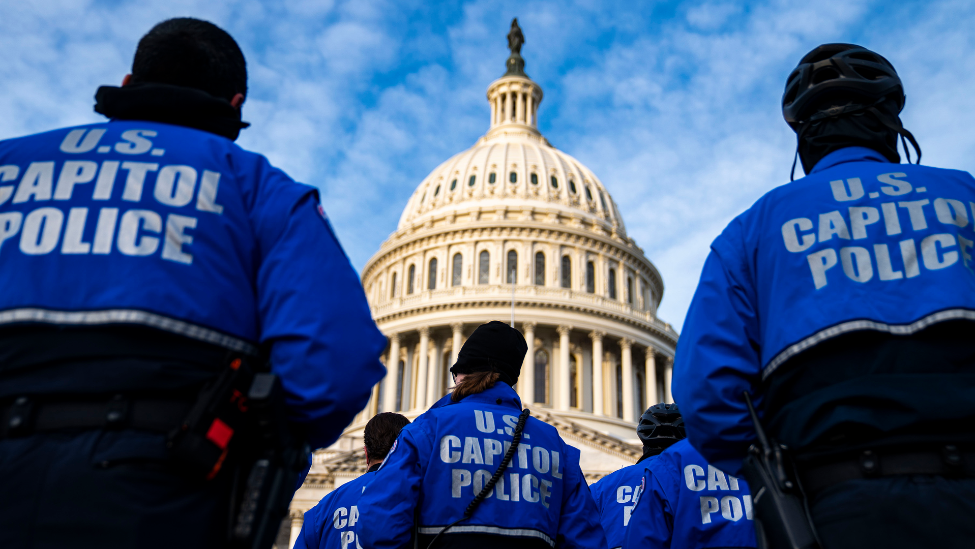 U.S. Capitol Police officers on the East Front Plaza after a morning roll call on Capitol Hill on Jan. 6 in Washington, D.C.