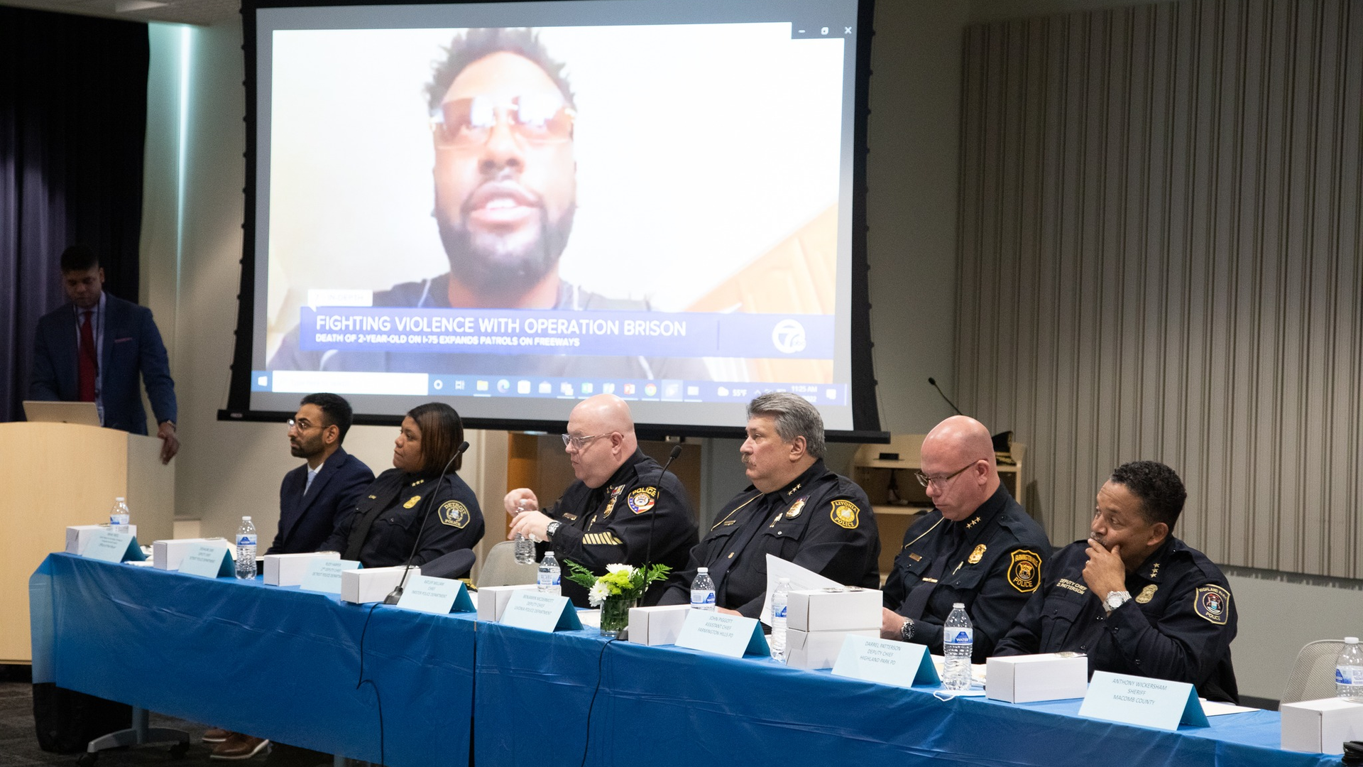 Police agencies in the Detroit area discuss Opertation Brison, an inter-agency effort to combat freeway shootings, during a meeting and press briefing at Detroit Public Safety Headquarters on Thursday.