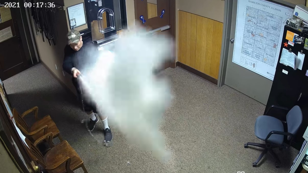 A 30-year-old suspect was shot after discharging a fire extinguisher inside the Hamilton County, IL, Sheriff's Office in October.
