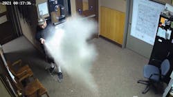 A 30-year-old suspect was shot after discharging a fire extinguisher inside the Hamilton County, IL, Sheriff's Office in October. A 30-year-old suspect was shot after discharging a fire extinguisher inside the Hamilton County, IL, Sheriff's Office in October.