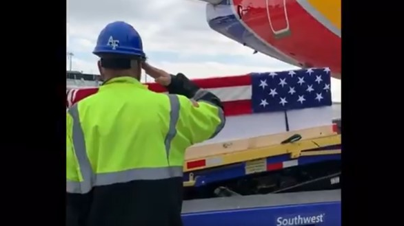 Maryland Transportation Authority Police, BWI Marshall Airport firefighters and MTDA employees conduct a dignified transfer for a fallen U.S. Marine in 2020.