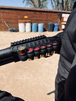 The Mesa Tactical Shureshell shotshell carrier comes in 4,6,or 8 round configurations. It took about 2 minutes to mount, and the top rail has enough room for a laser and an optic.