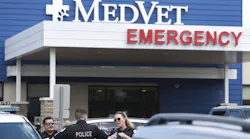 Chicago police officers stand outside MedVet veterinarian hospital in the city's Avondale neighborhood Thursday after reports of a U.S. deputy marshal and a K-9 being shot.