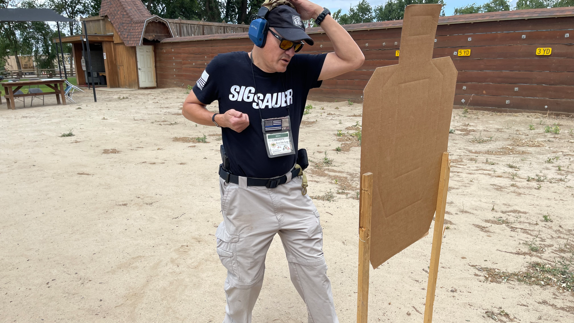 Fighting with a gun at 'bad breath' distance takes practice. Before live fire, Lindsey rehearsed the sequence several times without live fire before attempting this with real bullets. It is strongly suggested that this be done with a subcaliber training device like an airsoft gun before attempting live fire.