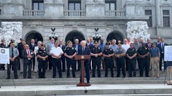 Jim Nowalk, president of the Pennsylvania State Mayors Association, (at podium) joined representatives from eight statewide law enforcement and municipal government organizations and the Pennsylvania State Police on Thursday to call on the legislators to pass a bill authorizing local police to use radar for speed enforcement.