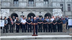 Jim Nowalk, president of the Pennsylvania State Mayors Association, (at podium) joined representatives from eight statewide law enforcement and municipal government organizations and the Pennsylvania State Police on Thursday to call on the legislators to pass a bill authorizing local police to use radar for speed enforcement.