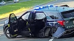 A Massachusetts State Police trooper placed his cruiser in the path of a wrong-way driver along Interstate 91 on June 10 to prevent a potential head-on collision between the offender and another motorist. A Massachusetts State Police trooper placed his cruiser in the path of a wrong-way driver along Interstate 91 on June 10 to prevent a potential head-on collision between the offender and another motorist.