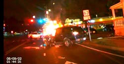 A Woodbridge, CT, police officer pulled a seriously injured driver from his car moments before it burst into flames following a crash early Thursday. A Woodbridge, CT, police officer pulled a seriously injured driver from his car moments before it burst into flames following a crash early Thursday.