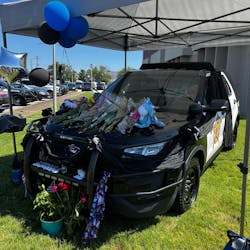 A memorial was created for slain Spartanburg County, SC, Sheriff's Deputy Austin Aldridge with his patrol car at the station. A memorial was created for slain Spartanburg County, SC, Sheriff's Deputy Austin Aldridge with his patrol car at the station.