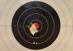 Those two low shots and the one farthest left were before zeroing the red dot sight. That other single ragged hole measures about 1.34' at the largest point and is 47 rounds fired unsupported at 15 yards. Those two low shots and the one farthest left were before zeroing the red dot sight. That other single ragged hole measures about 1.34' at the largest point and is 47 rounds fired unsupported at 15 yards.