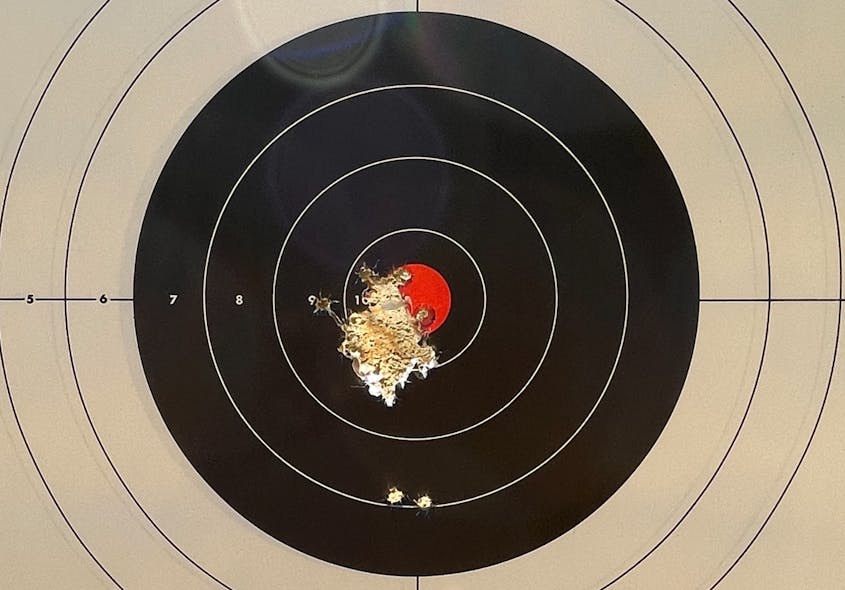 Those two low shots and the one farthest left were before zeroing the red dot sight. That other single ragged hole measures about 1.34&apos; at the largest point and is 47 rounds fired unsupported at 15 yards.