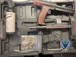Fairfield, CA, police seized a Ramset powder actuated nailer—with a .22 caliber round inside it, so it could be used like a pistol—from a man wanted on two felony who became confrontational with an officer Saturday, dousing his face with bear spray. Fairfield, CA, police seized a Ramset powder actuated nailer—with a .22 caliber round inside it, so it could be used like a pistol—from a man wanted on two felony who became confrontational with an officer Saturday, dousing his face with bear spray.
