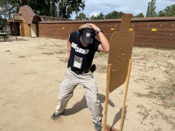 The non-firing hand stays on top of the head until the officer creates enough distance to extend the gun in front. Some shooters lace the hand toward the back of the head, which is all right. Create a good base with the feet, and shuffle, or take small steps in the retreat. The non-firing hand stays on top of the head until the officer creates enough distance to extend the gun in front. Some shooters lace the hand toward the back of the head, which is all right. Create a good base with the feet, and shuffle, or take small steps in the retreat.