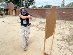 It is important to shuffle or take short steps backward while retreating. Anything behind the shooter is &apos;uncaptured territory&apos;. That is, everything is a tripping hazard. Practice repeating diagonally, or in an arc, if the dimensions of the range allow it. Moving backwards while shooting can only be trained with actual trigger time.