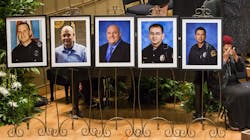 Gaye Arbuckle wipes her eyes after singing during an 2016 interfaith memorial service at the Morton H. Meyerson Symphony Center in Dallas for five law enforcement officers killed in an ambush at a Black Lives Matter rally. The victims were (from left) Dallas Police Officer Michael Krol, DART (Dallas Area Rapid Transit) Officer Brent Thompson, Dallas Police Officer Lorne Ahrens, Dallas Police Officer Michael Smith, and Dallas Police Officer Patrick Zamarripa. Gaye Arbuckle wipes her eyes after singing during an 2016 interfaith memorial service at the Morton H. Meyerson Symphony Center in Dallas for five law enforcement officers killed in an ambush at a Black Lives Matter rally. The victims were (from left) Dallas Police Officer Michael Krol, DART (Dallas Area Rapid Transit) Officer Brent Thompson, Dallas Police Officer Lorne Ahrens, Dallas Police Officer Michael Smith, and Dallas Police Officer Patrick Zamarripa.