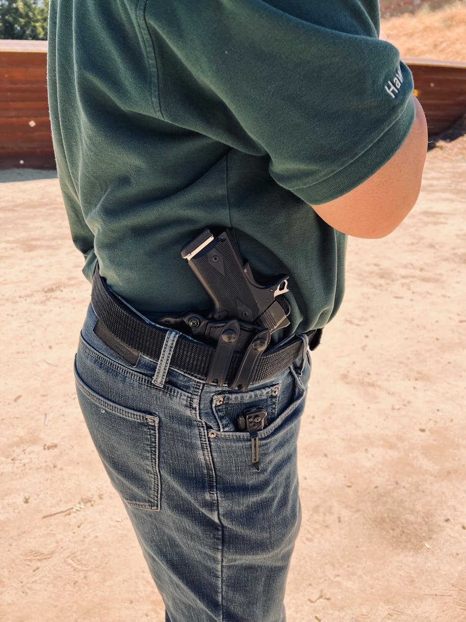 Kimber sent us a De Santis Cozy Partner holster to test with the gun. This is a custom molded holster with a memory band on the mouth of the holster. The memory band makes it easy to re-holster.