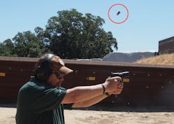 Retired SRO Rick Macchia picked the Ultra Carry II up for the first time, and proceeded to shoot head shots with it. Note the brass in the air, and the gun returning to the sighting plane. For those of us that like to carry 1911 style guns, the Ultra Carry II is a smootgh operating gun with a custom feel.