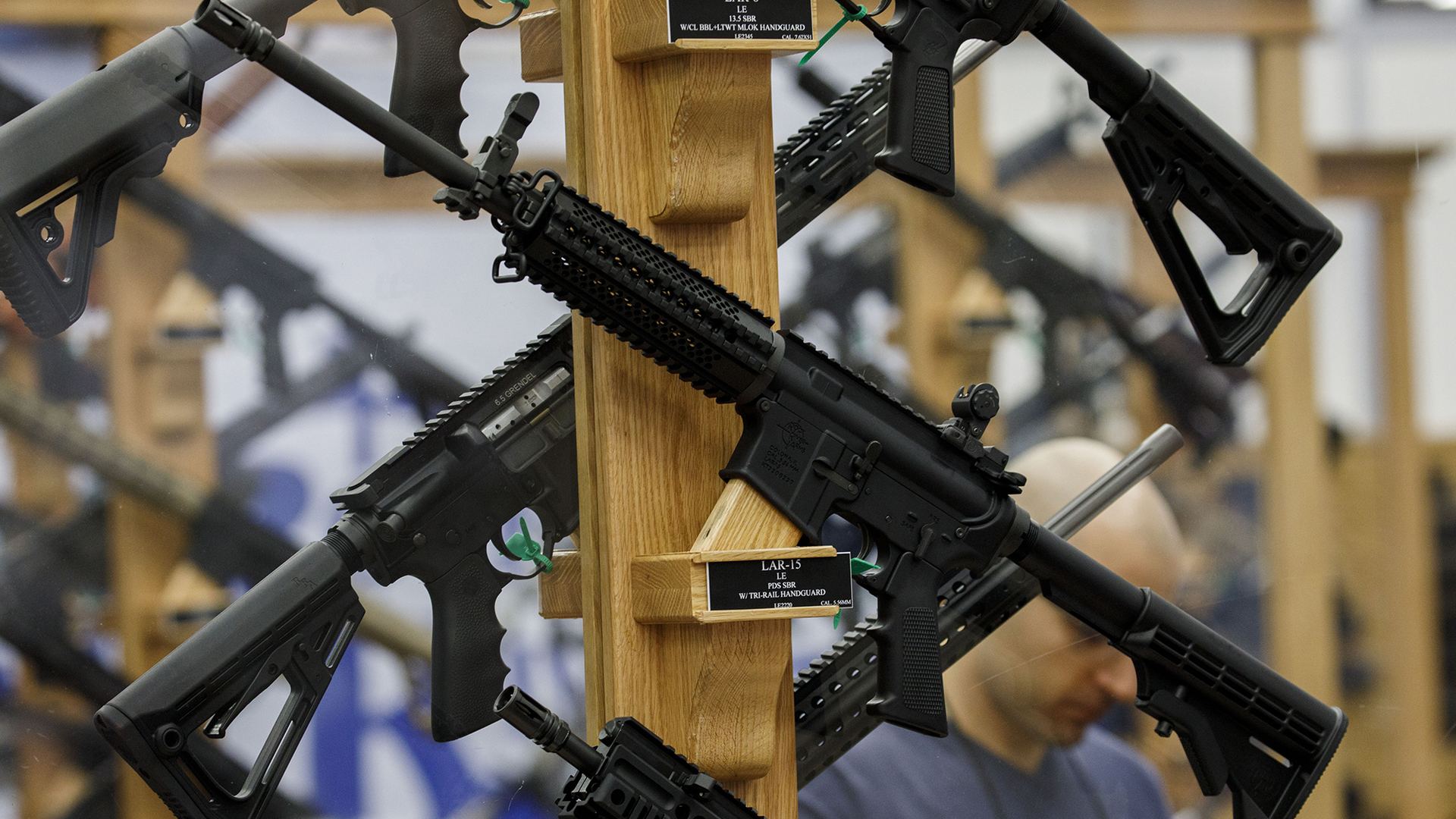 AR-15 style rifles from Rock River Arms are displayed during the National Rifle Association annual meeting in 2018 in Dallas.