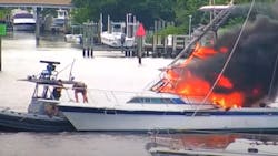 Martin County, FL, sheriff's deputies rescued an unconscious man from a large fishing boat that burst into flames on the Manatee Pocket waterway near Stuart on Sunday. Martin County, FL, sheriff's deputies rescued an unconscious man from a large fishing boat that burst into flames on the Manatee Pocket waterway near Stuart on Sunday.
