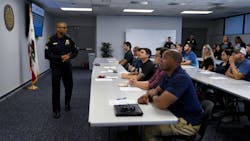San Diego Police Sgt. Travis Easter addresses potential applicants for the department's hiring process during the Blue Arrow Program last month at police headquarters. San Diego Police Sgt. Travis Easter addresses potential applicants for the department's hiring process during the Blue Arrow Program last month at police headquarters.