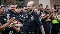 Farmington, CT, Police Officer James O'Donnell returned to work Monday, almost exactly a year after he was caught between a stolen car and a cruiser during a call, crushing his lower body in the process. Farmington, CT, Police Officer James O'Donnell returned to work Monday, almost exactly a year after he was caught between a stolen car and a cruiser during a call, crushing his lower body in the process.