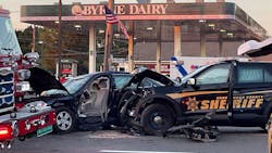 An Onondaga County, NY, sheriff's deputy broke his arm when his department SUV crashed into a car that enter his path in Salina on Thursday. An Onondaga County, NY, sheriff's deputy broke his arm when his department SUV crashed into a car that enter his path in Salina on Thursday.