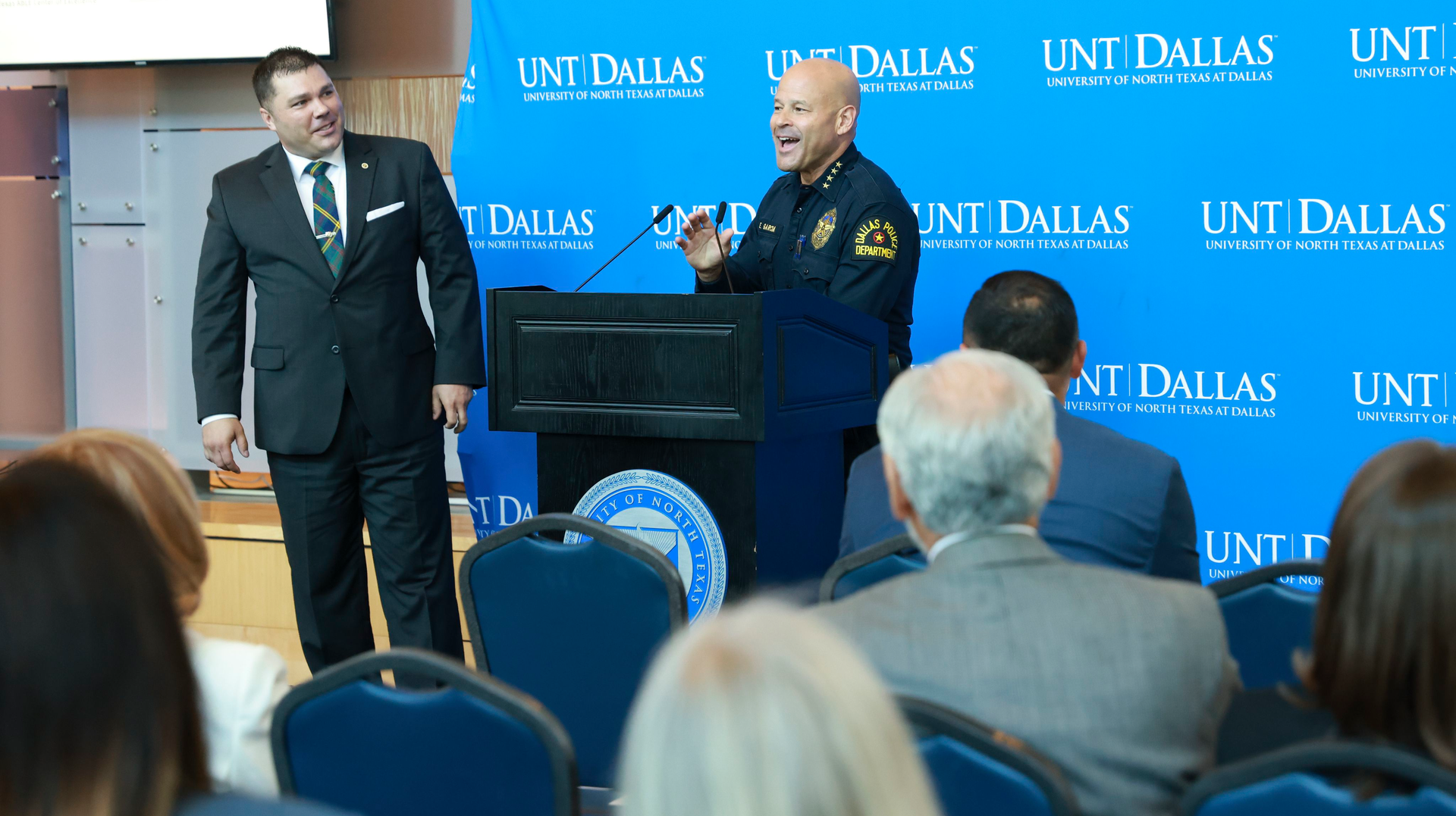 Dallas Police Chief Eddie Garc&iacute;a speaks at an update for Texas Law Enforcement Peer Network update Thursday at the University of North Texas in Dallas.