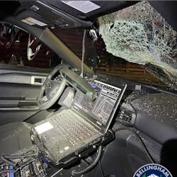 Two Bellingham, WA, police officers were riding in their patrol vehicle when a man threw a 25-pound piece from a wooden railroad tie at the vehicle's windshield in an apparently random attack Saturday. Two Bellingham, WA, police officers were riding in their patrol vehicle when a man threw a 25-pound piece from a wooden railroad tie at the vehicle's windshield in an apparently random attack Saturday.