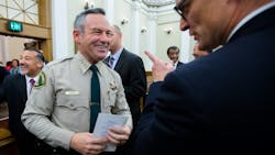 Riverside County, CA, Sheriff Chad Bianco greets Riverside County District Attorney Mike Hestrin after he took the oath of office for his second term in 2019. Riverside County, CA, Sheriff Chad Bianco greets Riverside County District Attorney Mike Hestrin after he took the oath of office for his second term in 2019.