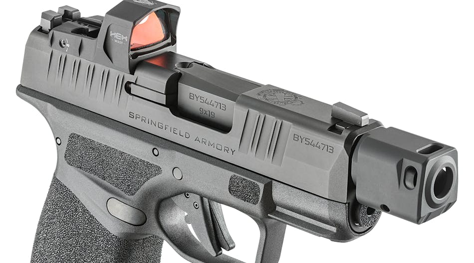 The Springfield Armory Hellcat with a HEX Wasp Micro Red Dot Sight.