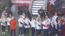 The New England Patriots honored fallen Bristol, CT, Police Lt. Dustin DeMonte and Sgt. Alex Hamzy ahead of their 'Monday Night Football' game with the Chicago Bears. The New England Patriots honored fallen Bristol, CT, Police Lt. Dustin DeMonte and Sgt. Alex Hamzy ahead of their 'Monday Night Football' game with the Chicago Bears.