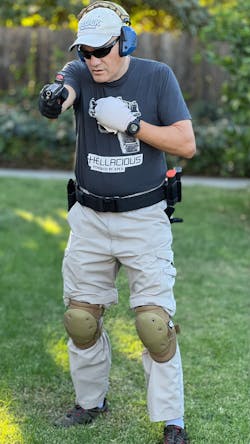 Law enforcement officers should train one-handed regularly. there are several ways to do this, limited only by the imagination. Here, an Ace bandage is wrapped around the hand, which is clenching a handball. With this type of training, the hand can grab anything, but the arm can still be used. Law enforcement officers should train one-handed regularly. there are several ways to do this, limited only by the imagination. Here, an Ace bandage is wrapped around the hand, which is clenching a handball. With this type of training, the hand can grab anything, but the arm can still be used.