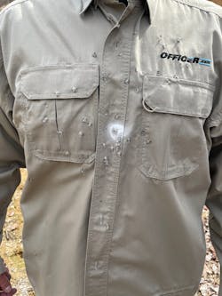 The armor was mounted on a shooting dummy and then covered by a shirt for testing. The armor was mounted on a shooting dummy and then covered by a shirt for testing.