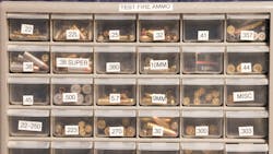 Test ammo in the room where guns found on crime scenes are tested using a machine that catches bullets at the ATF Dallas Field Division in Lewisville, TX. The Field Division has a National Integrated Ballistic Information Network (NIBIN) unit that collects bullet casings that can be used to link crime cases. Test ammo in the room where guns found on crime scenes are tested using a machine that catches bullets at the ATF Dallas Field Division in Lewisville, TX. The Field Division has a National Integrated Ballistic Information Network (NIBIN) unit that collects bullet casings that can be used to link crime cases.